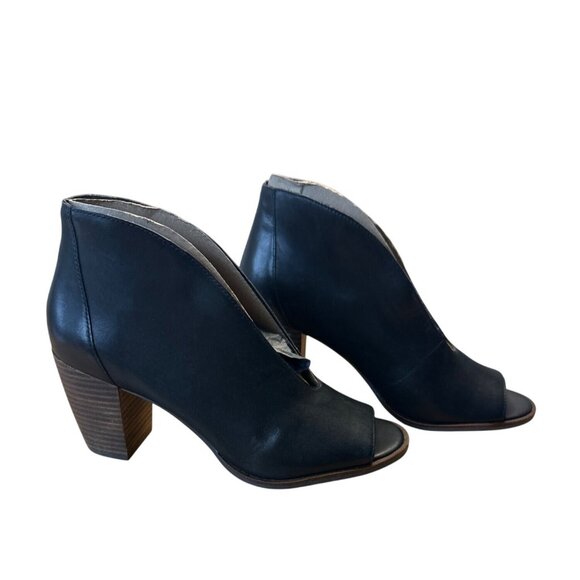 Lucky Brand Size 9 Ankle Leather Halo Peep Toe Booties Chunky Wooden Heel - Picture 2 of 9